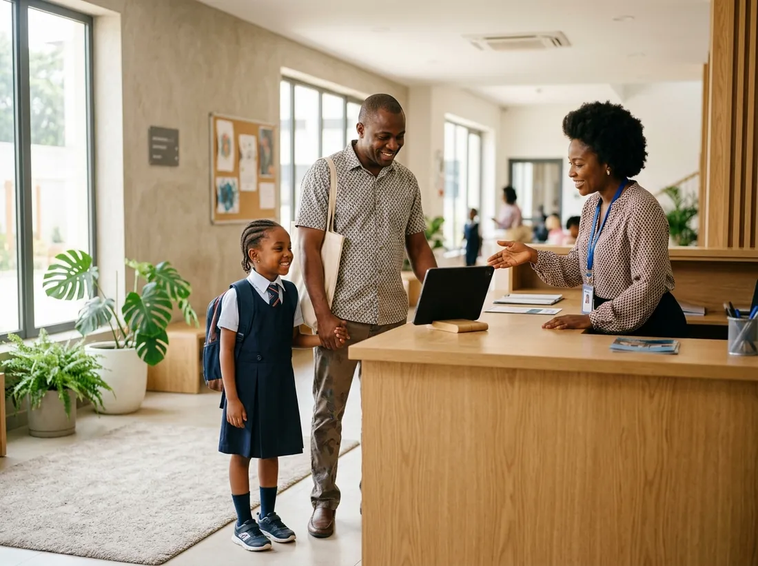 A parent and child at a school reception desk during admissions.
