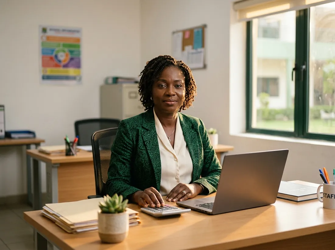 A school bursar working at a laptop in a bright office.