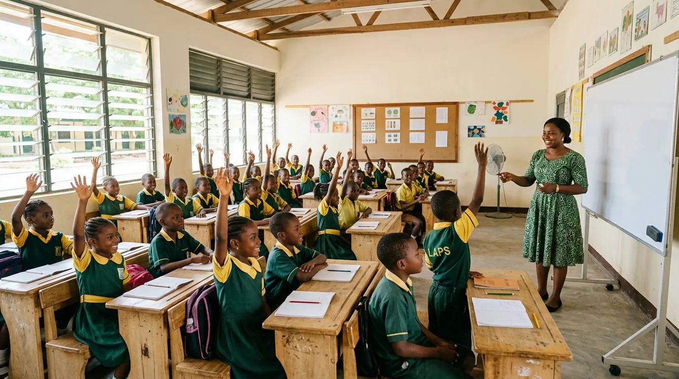 A primary school class with children raising their hands.