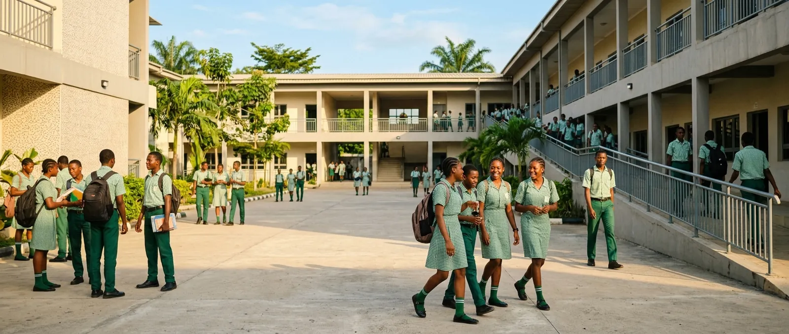 Students in uniform crossing a school courtyard in the morning.