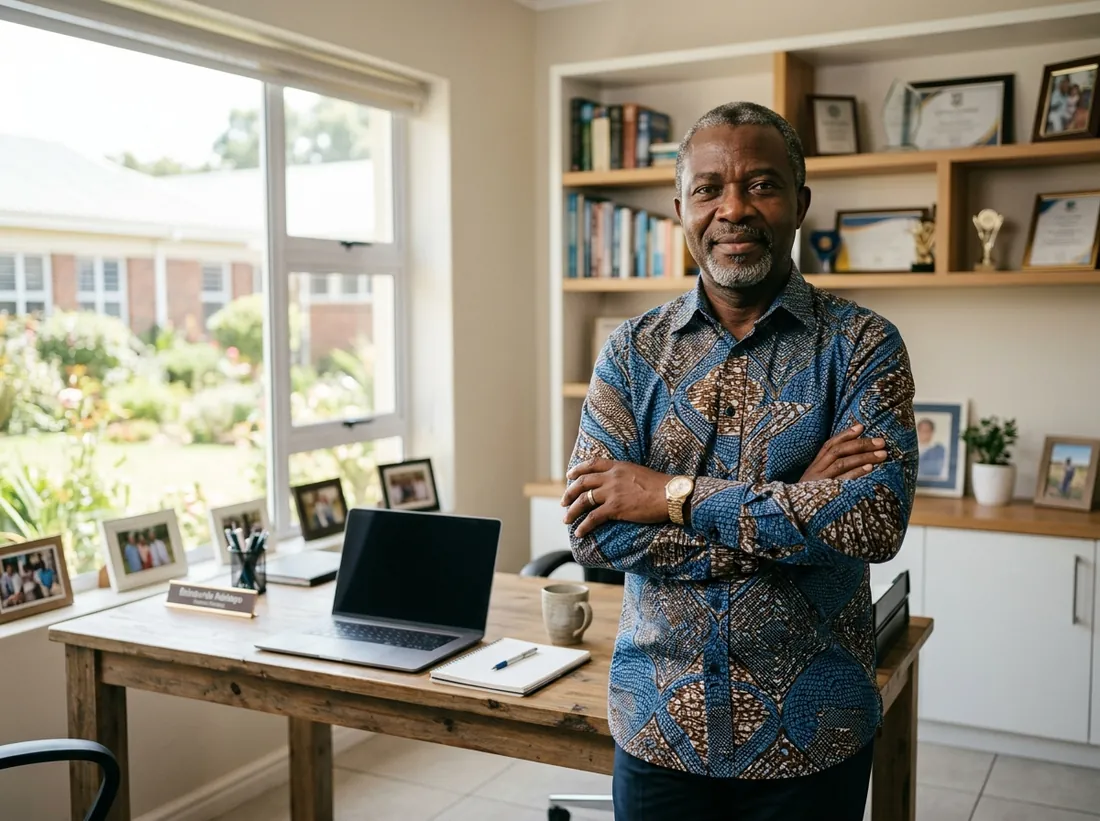 A school proprietor standing beside his desk in a bright office.
