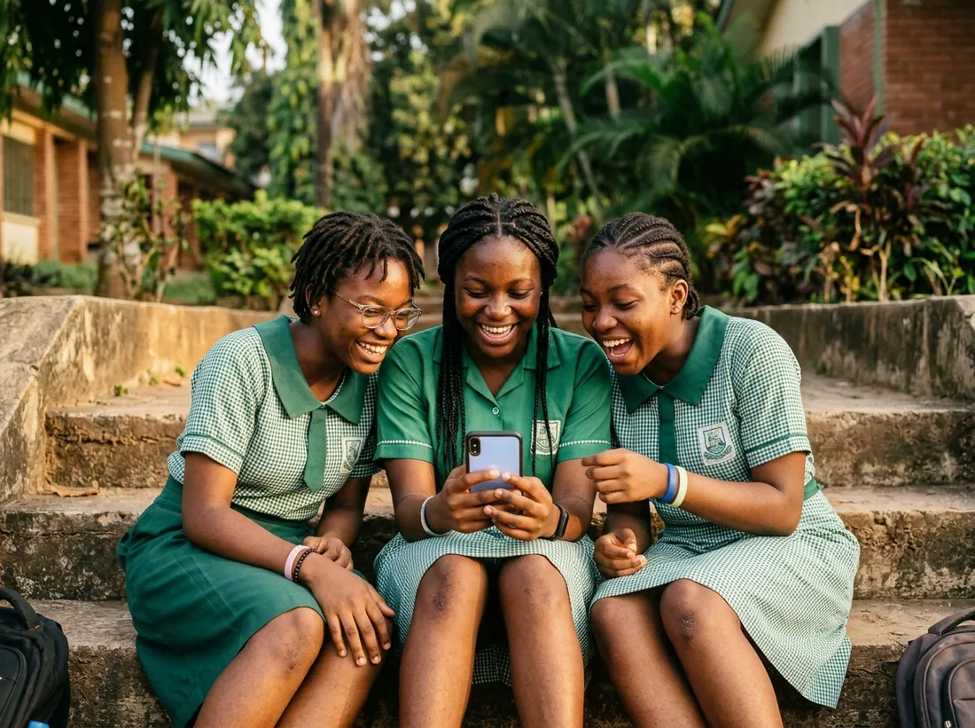 Three secondary school students looking at a phone together on outdoor steps.