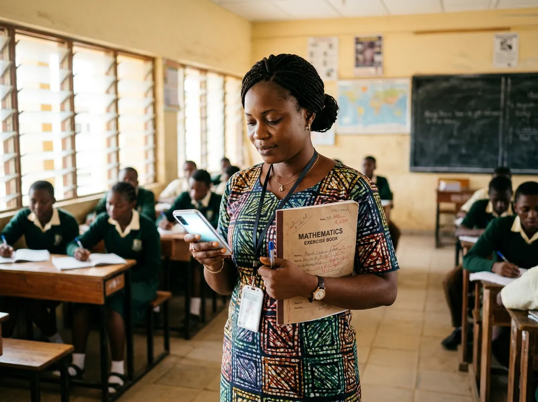 A teacher checking her class register on a phone in a bright classroom.